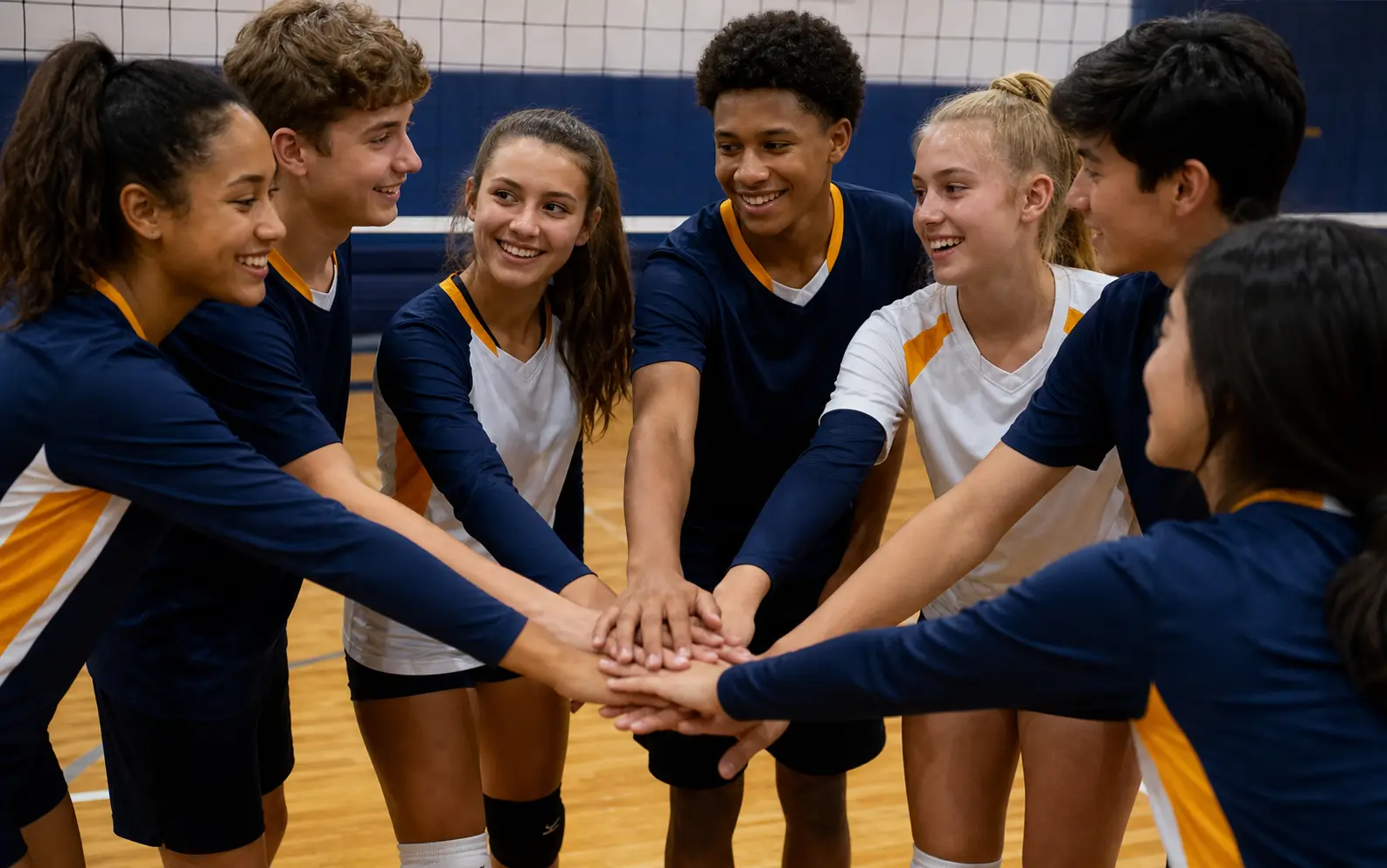 Equipo juvenil reunido en el gimnasio antes de jugar