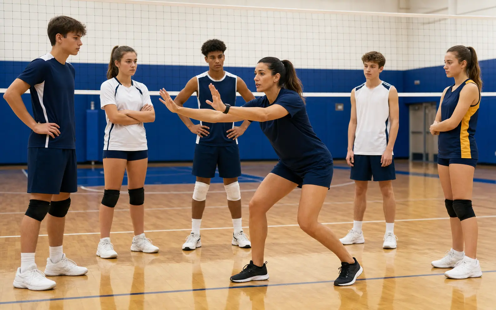 Entrenadora guiando a un grupo juvenil en una cancha de voleibol cubierta